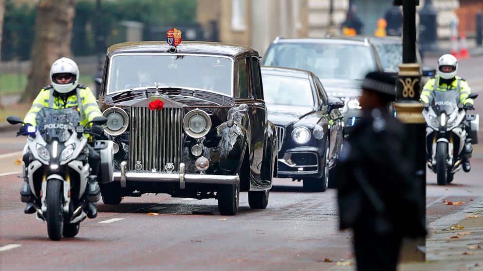 PHOTO: In this Nov. 8, 2020, file photo, Sophie, Countess of Wessex and Prince Edward, Earl of Wessex travel in their chauffeur driven Rolls Royce car after attending the National Service of Remembrance at The Cenotaph in London.