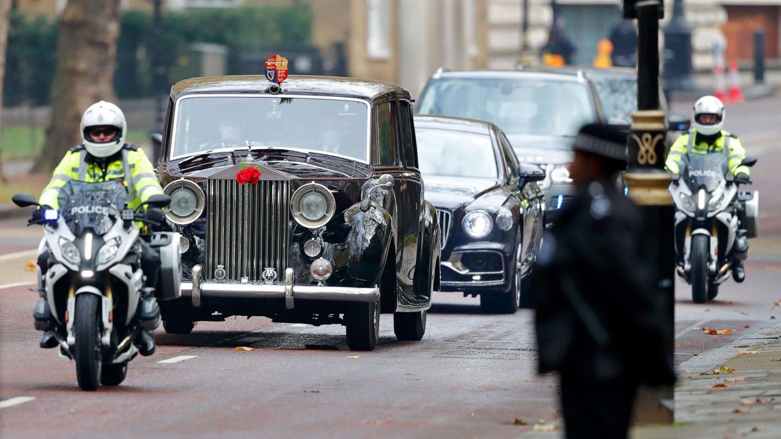 PHOTO: In this Nov. 8, 2020, file photo, Sophie, Countess of Wessex and Prince Edward, Earl of Wessex travel in their chauffeur driven Rolls Royce car after attending the National Service of Remembrance at The Cenotaph in London.