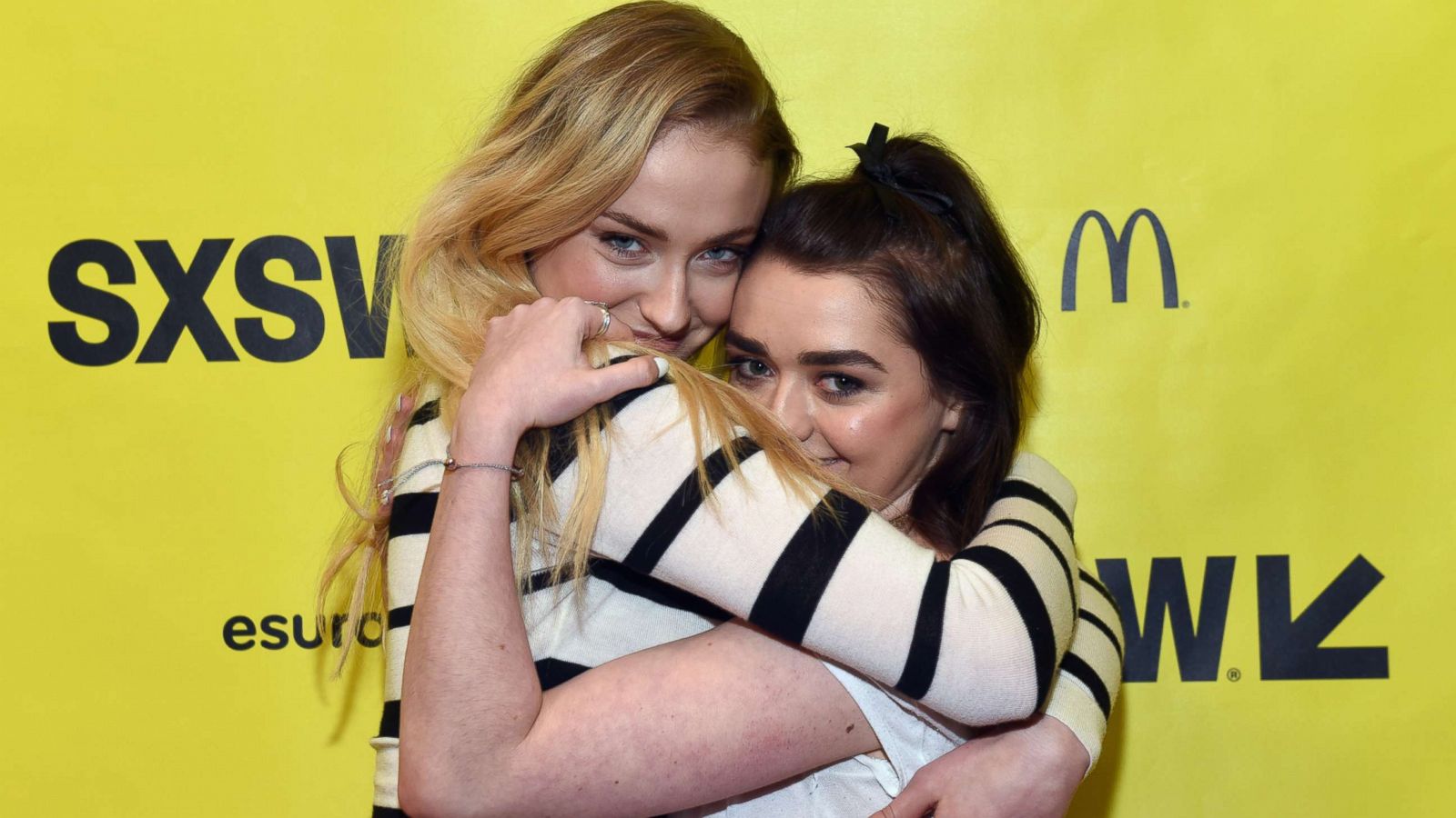 PHOTO: Actors Sophie Turner and Maisie Williams attend onstage at "Featured Session: Game of Thrones" during 2017 SXSW Conference and Festivals at Austin Convention Center, March 12, 2017, in Austin, Texas.