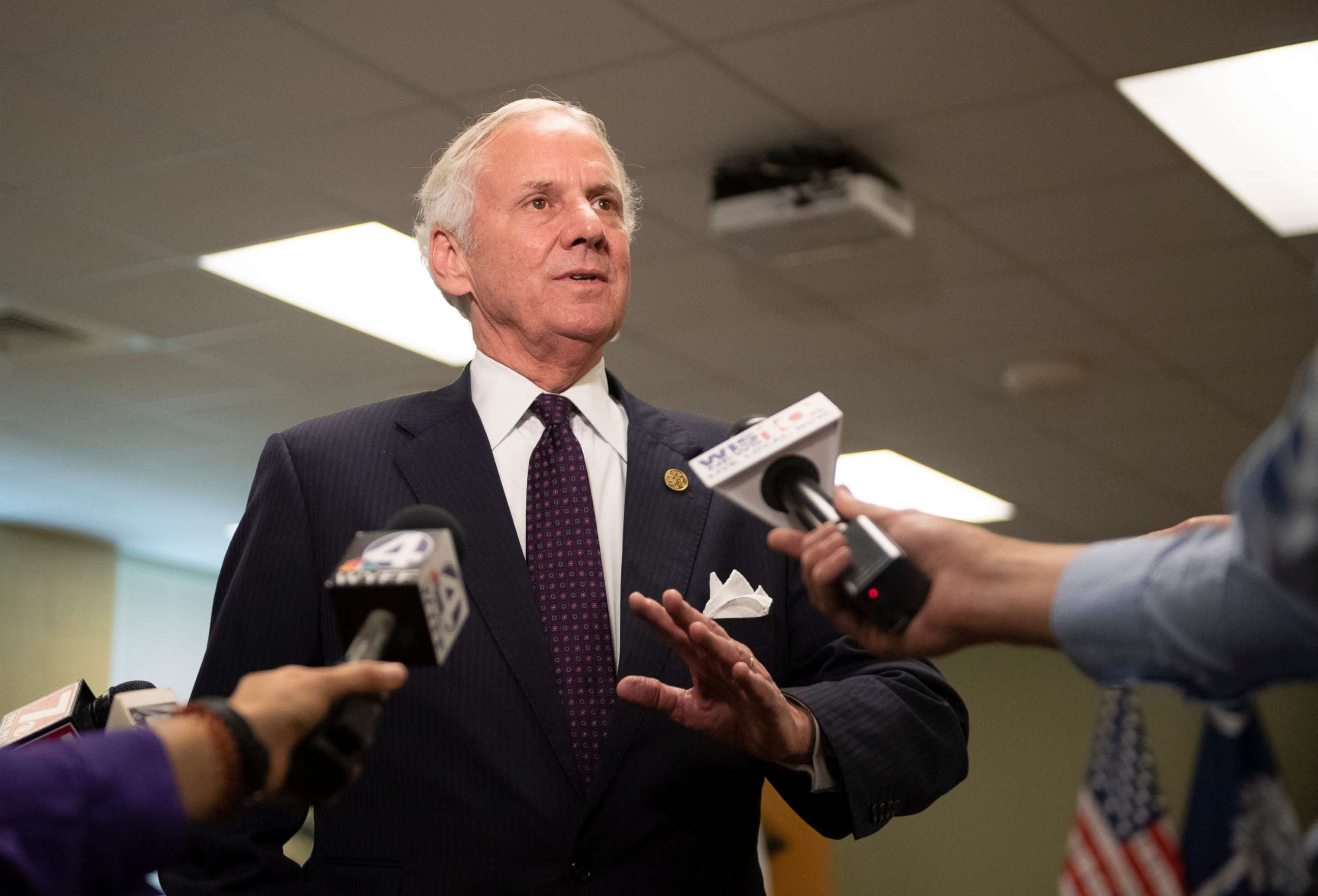 PHOTO: Gov. Henry McMaster speaks to members of the media following an event in Taylors, S.C., July 18, 2019.