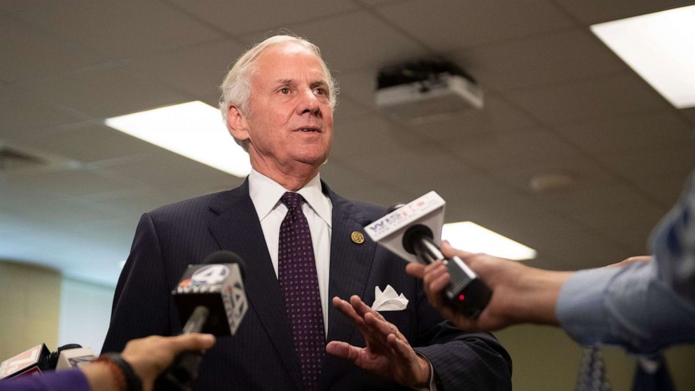 PHOTO: Gov. Henry McMaster speaks to members of the media following an event in Taylors, S.C., July 18, 2019.