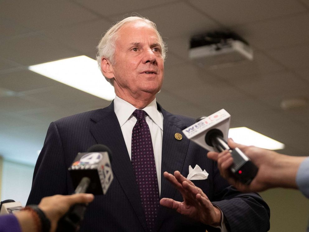 PHOTO: Gov. Henry McMaster speaks to members of the media following an event in Taylors, S.C., July 18, 2019.
