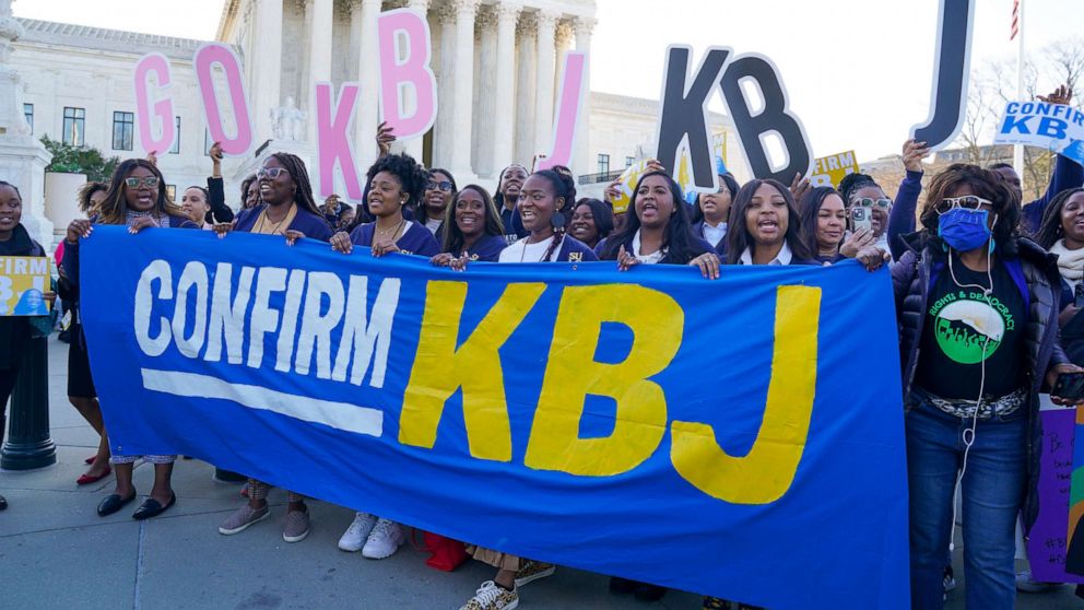 PHOTO: Southern University Law Center students pose for a photo near the U.S. Supreme Court while celebrating the confirmation hearings for Supreme Court Justice nominee Ketanji Brown Jackson on March 21, 2022, in Washington, D.C.