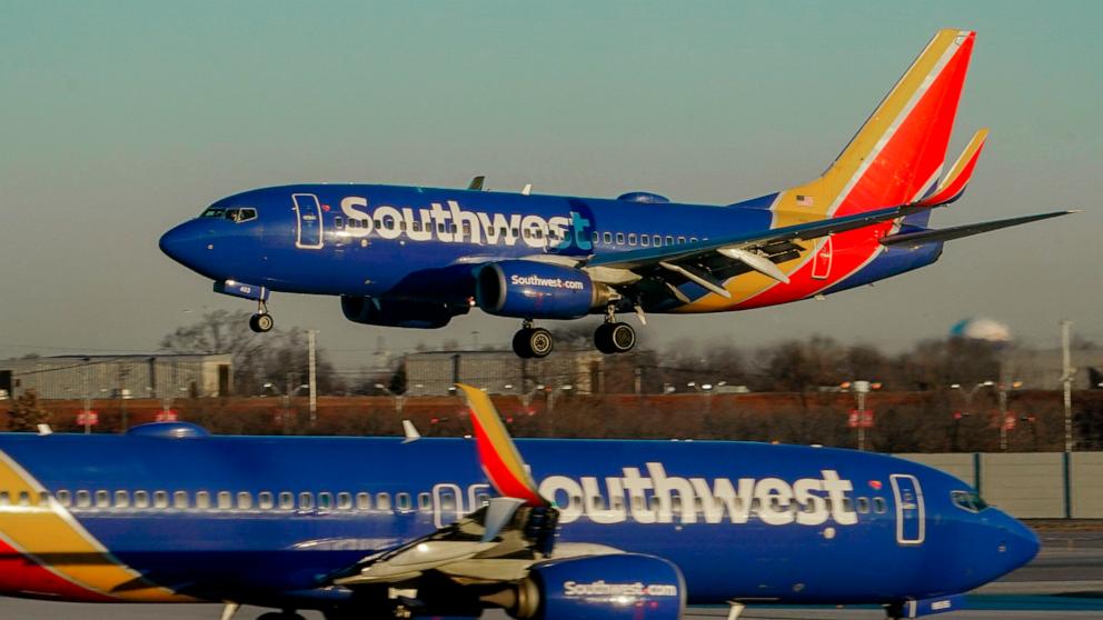 PHOTO: A Southwest Airlines plane prepares to land at Midway International Airport, Feb. 12, 2023, in Chicago. 