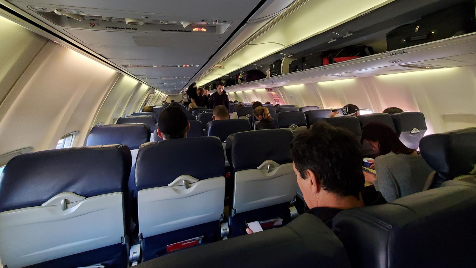 PHOTO: Wide angle, interior of cabin of Southwest Airlines jet aircraft during boarding procedures, Oakland, Jan. 5, 2020.