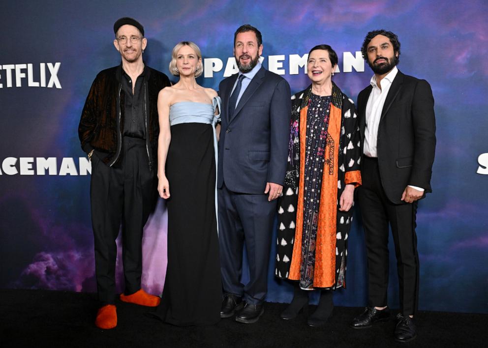 PHOTO: (L-R) Johan Renck, Carey Mulligan, Adam Sandler, Isabella Rossellini, and Kunal Nayyar attend the Photocall for Netflix's "Spaceman" at The Egyptian Theatre Hollywood, Feb. 26, 2024, in Los Angeles.