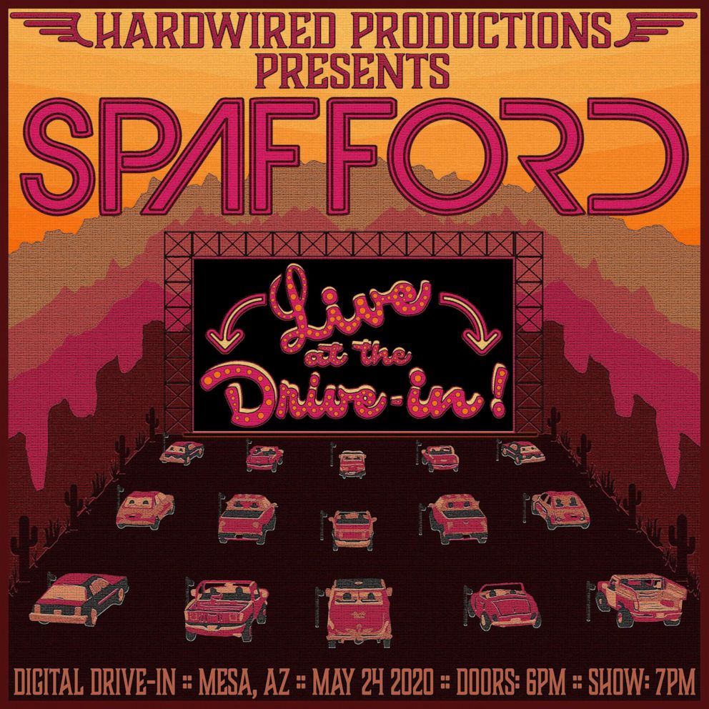 PHOTO: A poster for the 1st ticketed concert at a drive-in movie theater featuring the band Spafford.