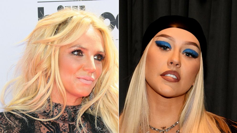 PHOTO: Left, Britney Spears at the 2016 Billboard Music Awards, May 22, 2016 in Las Vegas. Right, Christina Aguilera poses at The Theater at Virgin Hotels Las Vegas, June 10, 2021, in Las Vegas. 