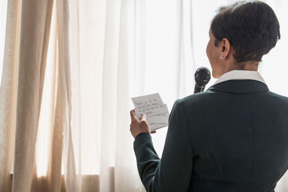 PHOTO: Stock photo of a woman practicing a speech.