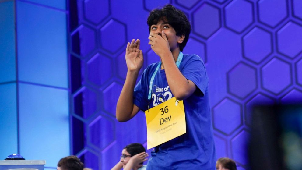 PHOTO: Dev Shah, 14, from Largo, Fla., reacts to winning the Scripps National Spelling Bee, June 1, 2023, in Oxon Hill, Md.