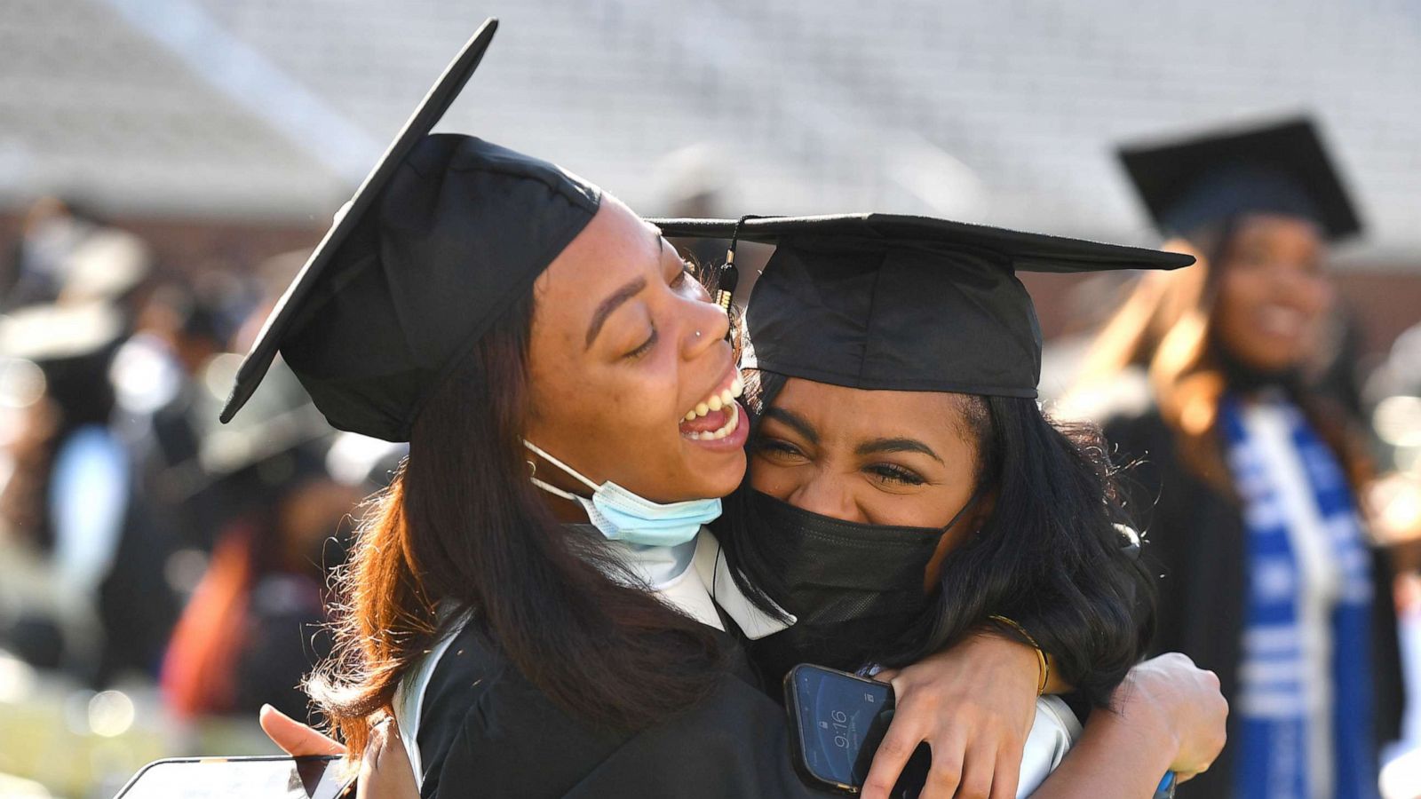 PHOTO: Spelman College graduates celebrate at 2020 & 2021 Spelman College Commencement at Bobby Dodd Stadium on May 16, 2021, in Atlanta, Georgia.