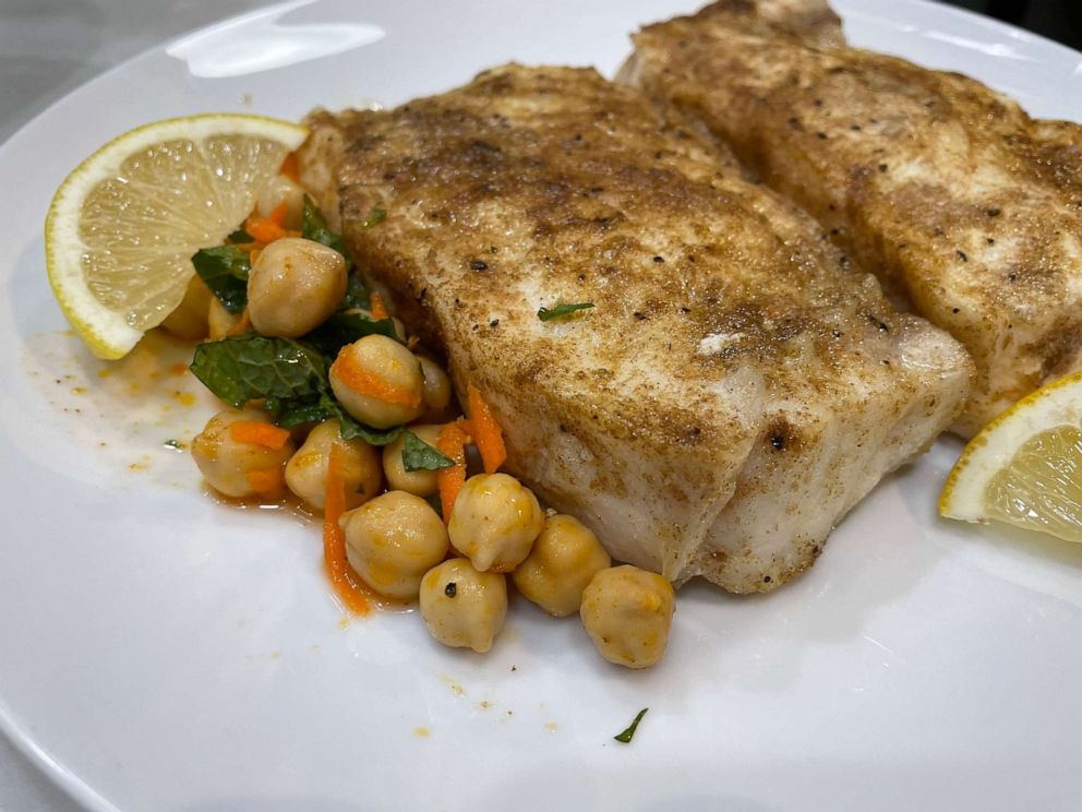PHOTO: Dan Souza makes Moroccan spiced halibut in an air fryer with a side chickpea salad.