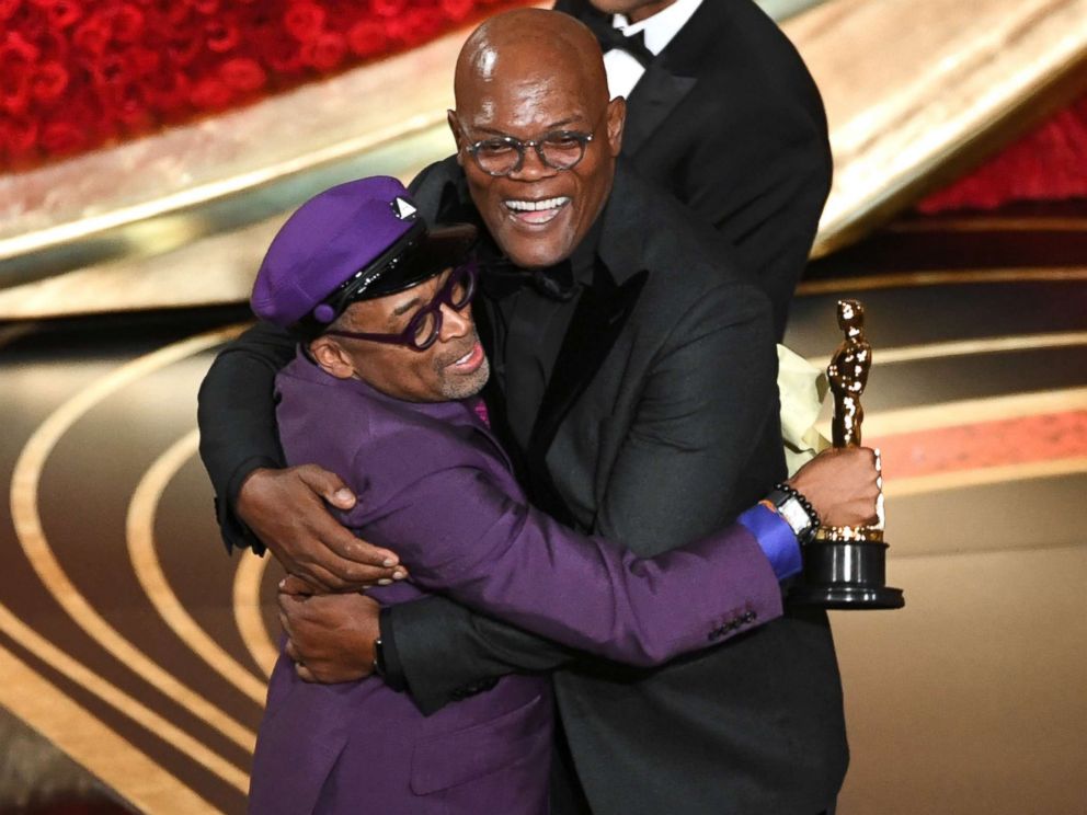 PHOTO: Spike Lee celebrates winning the Oscar for adapted screenplay award for BlacKkKlansman with Samuel L. Jackson during the 91st Annual Academy Awards at Dolby Theatre, Feb. 24, 2019 in Hollywood, Calif.
