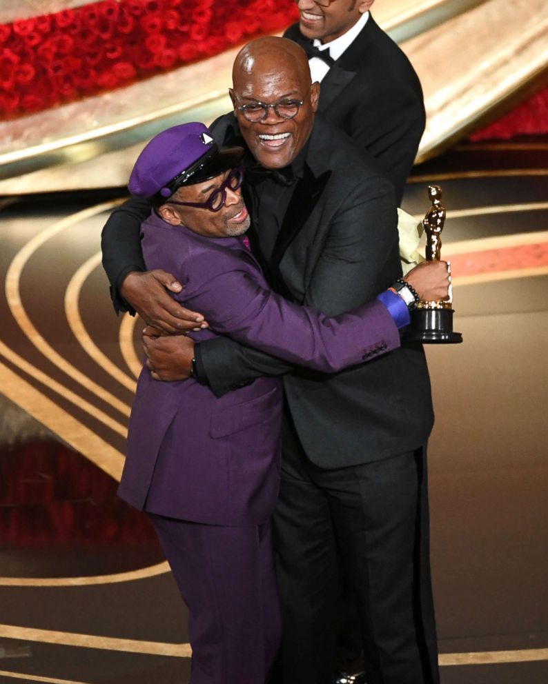 PHOTO: Spike Lee celebrates winning the Oscar for adapted screenplay award for 'BlacKkKlansman' with Samuel L. Jackson during the 91st Annual Academy Awards at Dolby Theatre, Feb. 24, 2019 in Hollywood, Calif.