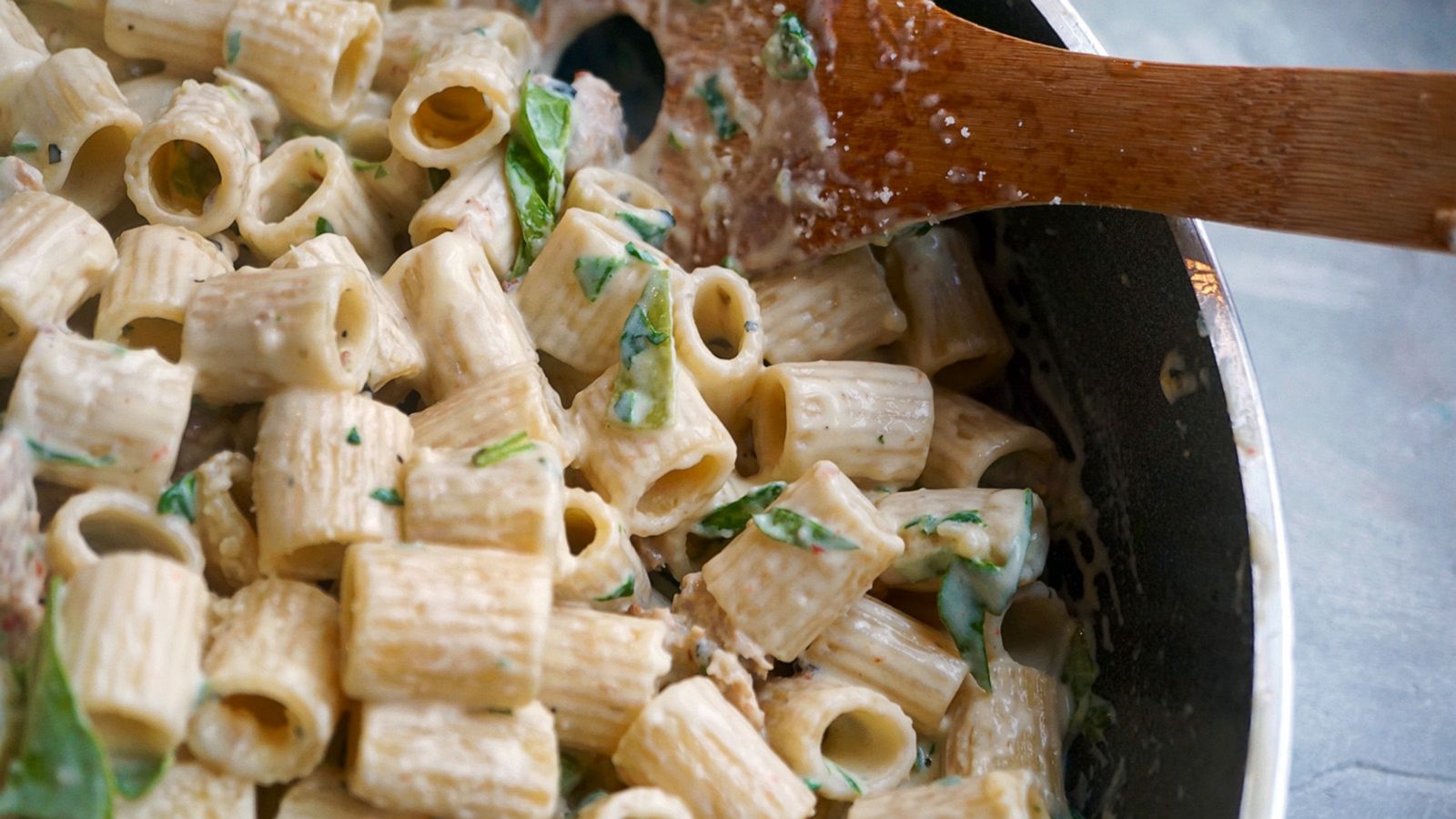 PHOTO: Creamy pasta with spinach and Italian sausage.