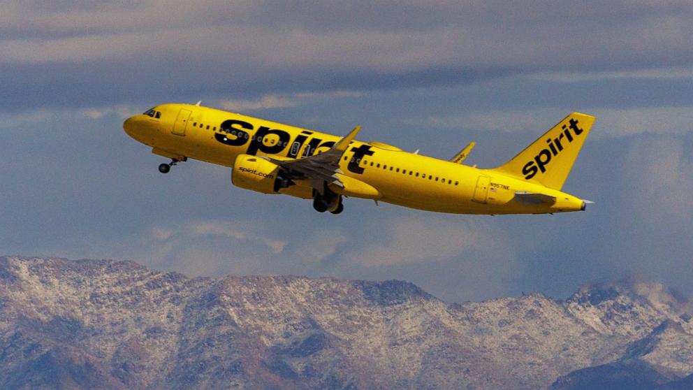 PHOTO: A Spirit Airlines commercial airliner flies after taking off from Las Vegas International Airport, Feb. 8, 2024, in Las Vegas.