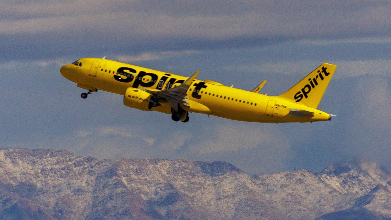 PHOTO: A Spirit Airlines commercial airliner flies after taking off from Las Vegas International Airport, Feb. 8, 2024, in Las Vegas.