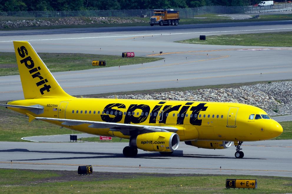 PHOTO: A Spirit Airlines 319 Airbus taxis at Manchester Boston Regional Airport, June 2, 2023, in Manchester, N.H. 