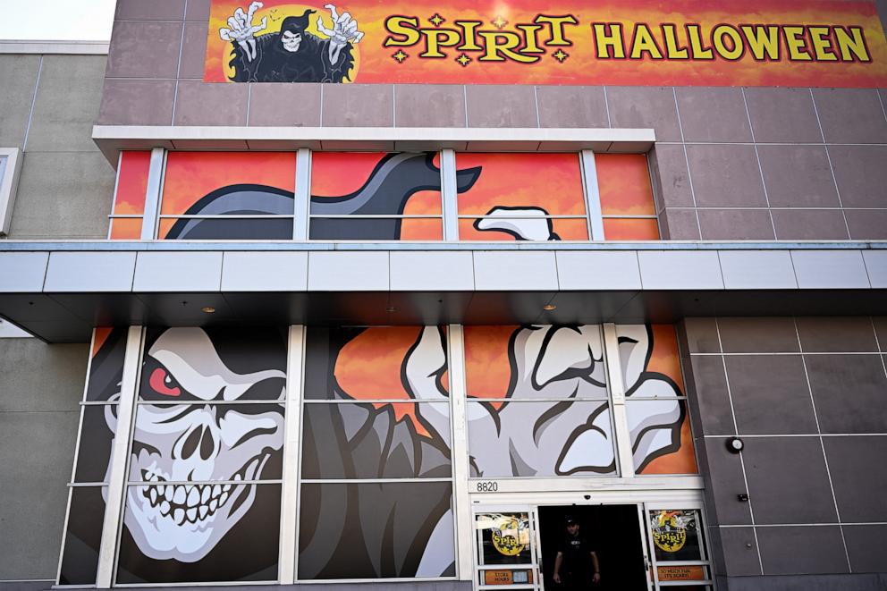 PHOTO: In this Aug. 26, 2024, file photo, the "Jack The Reaper" logo is displayed in the windows of a Spirit Halloween seasonal holiday store in the location of a closed former Bed Bath and Beyond retail store in Los Angeles.