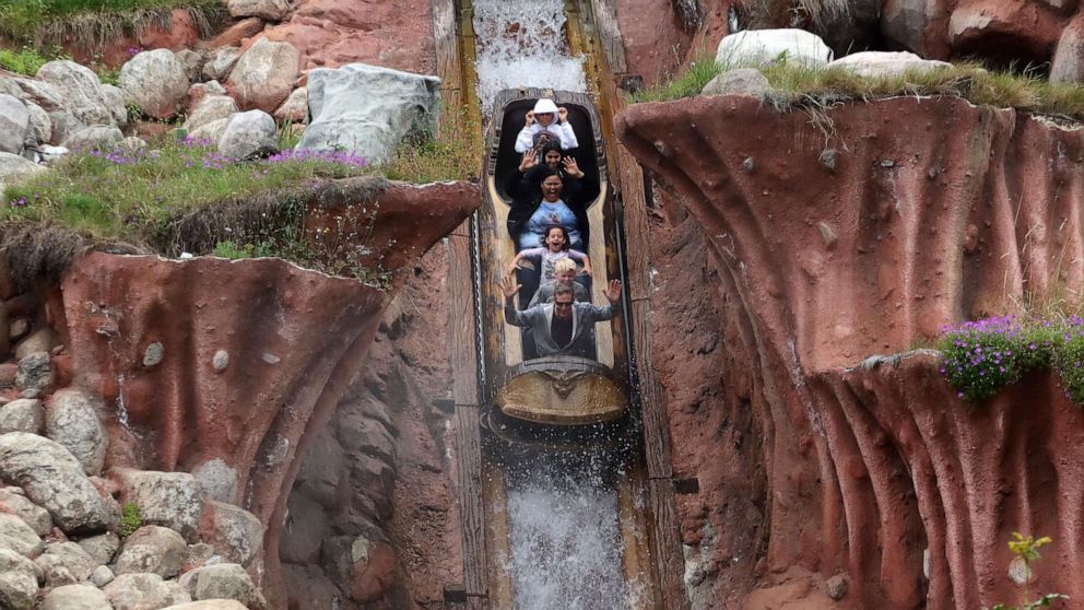 PHOTO: In this April 13, 2023, file photo, people ride the Splash Mountain attraction at the Disneyland theme park in Anaheim, Calif.