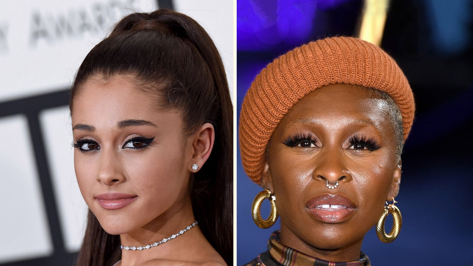 PHOTO: Ariana Grande arrives at the 57th Annual GRAMMY Awards on Feb. 8, 2015, in Los Angeles|Cynthia Erivo attends the "The Eternals" UK Premiere on Oct. 27, 2021 in London.