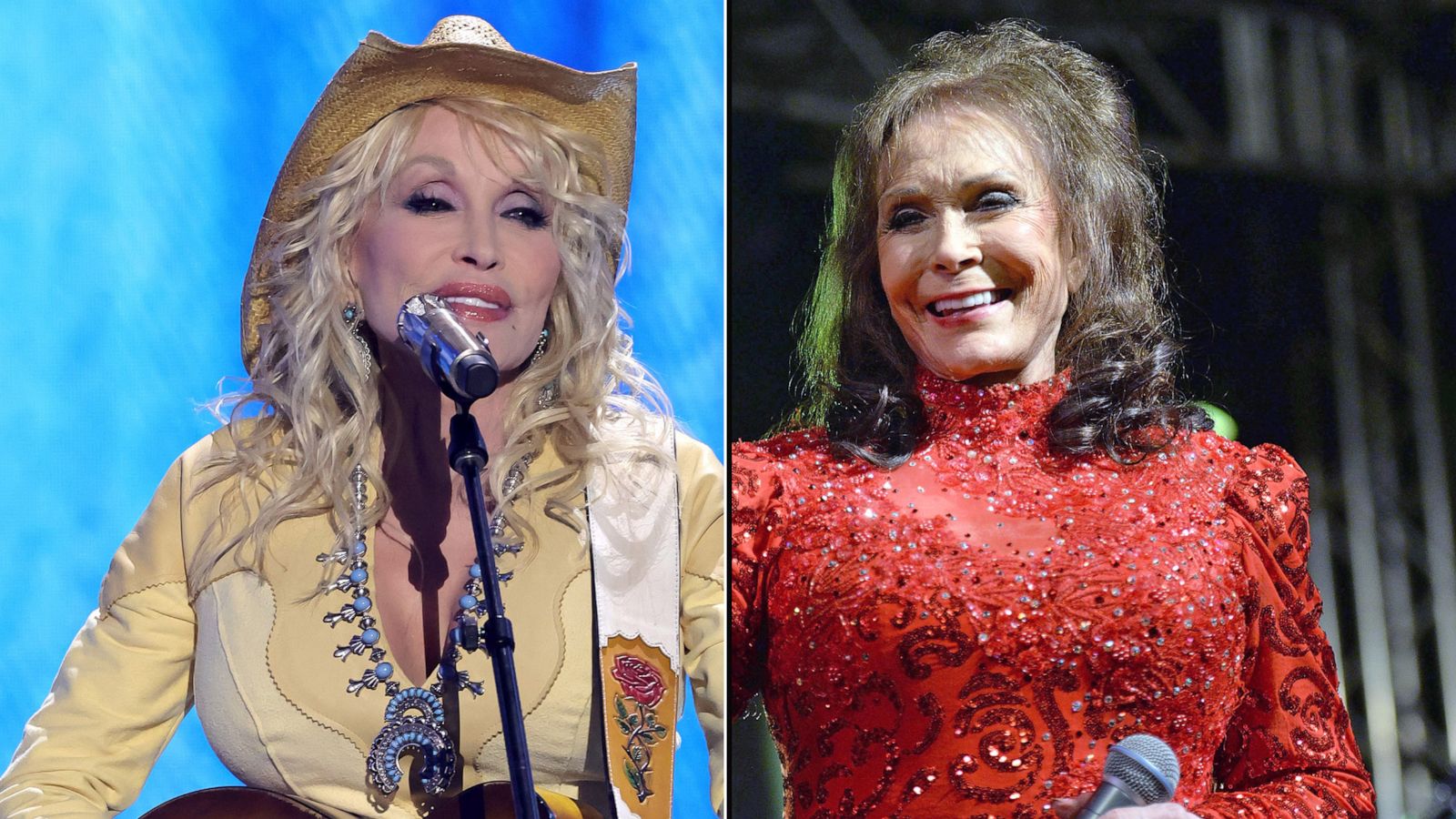 PHOTO: Dolly Parton performs onstage during the 57th Academy of Country Music Awards on March 7, 2022 in Las Vegas. Loretta Lynn performs onstage at Stubbs on March 17, 2016 in Austin, Texas.