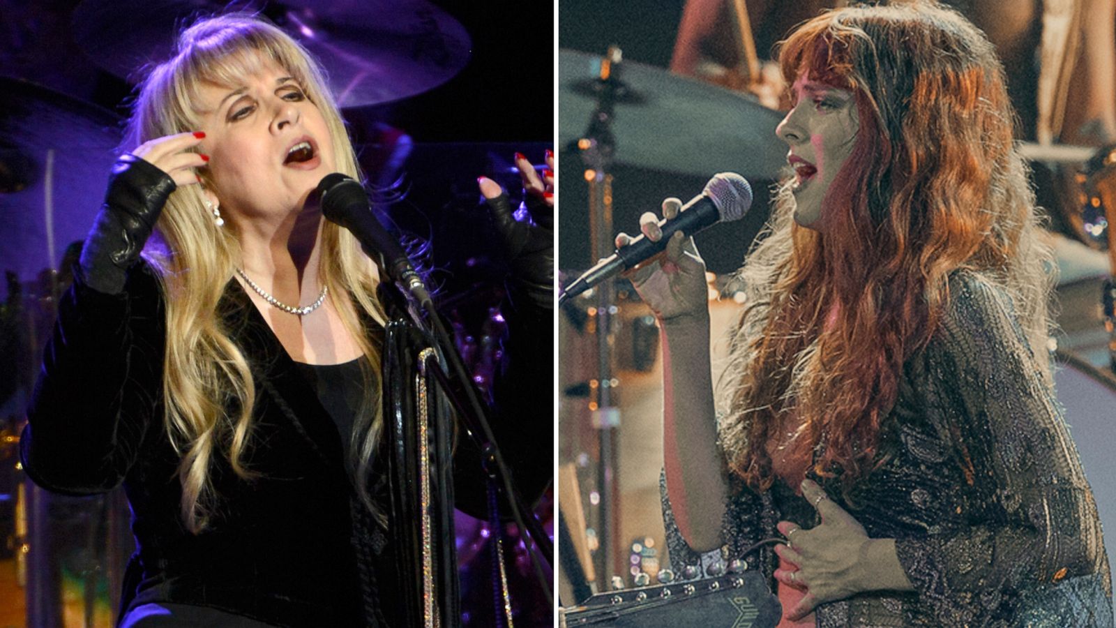 PHOTO: Stevie Nicks at Madison Square Garden on April 8, 2013 in New York City. | Riley Keough as Daisy Jones in a scene from "Daisey Jones & The Six."