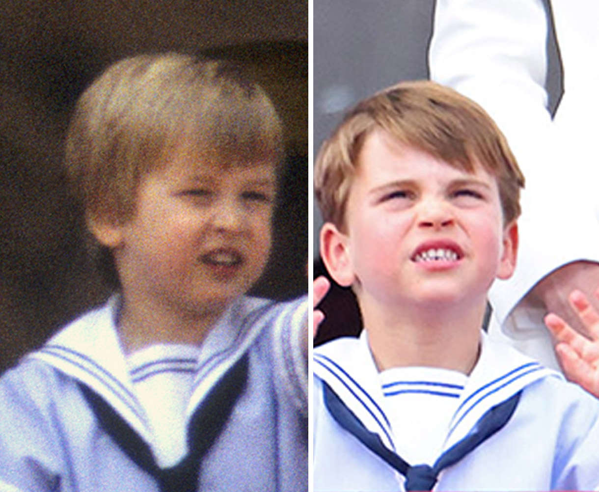 PHOTO: Prince William watches the Trooping the Colour from the balcony of Buckingham Palace on June 15, 1985 in London; Prince Louis holds his ears as he watches the Trooping the Colour from the balcony of Buckingham Palace on June 2, 2022 in London.