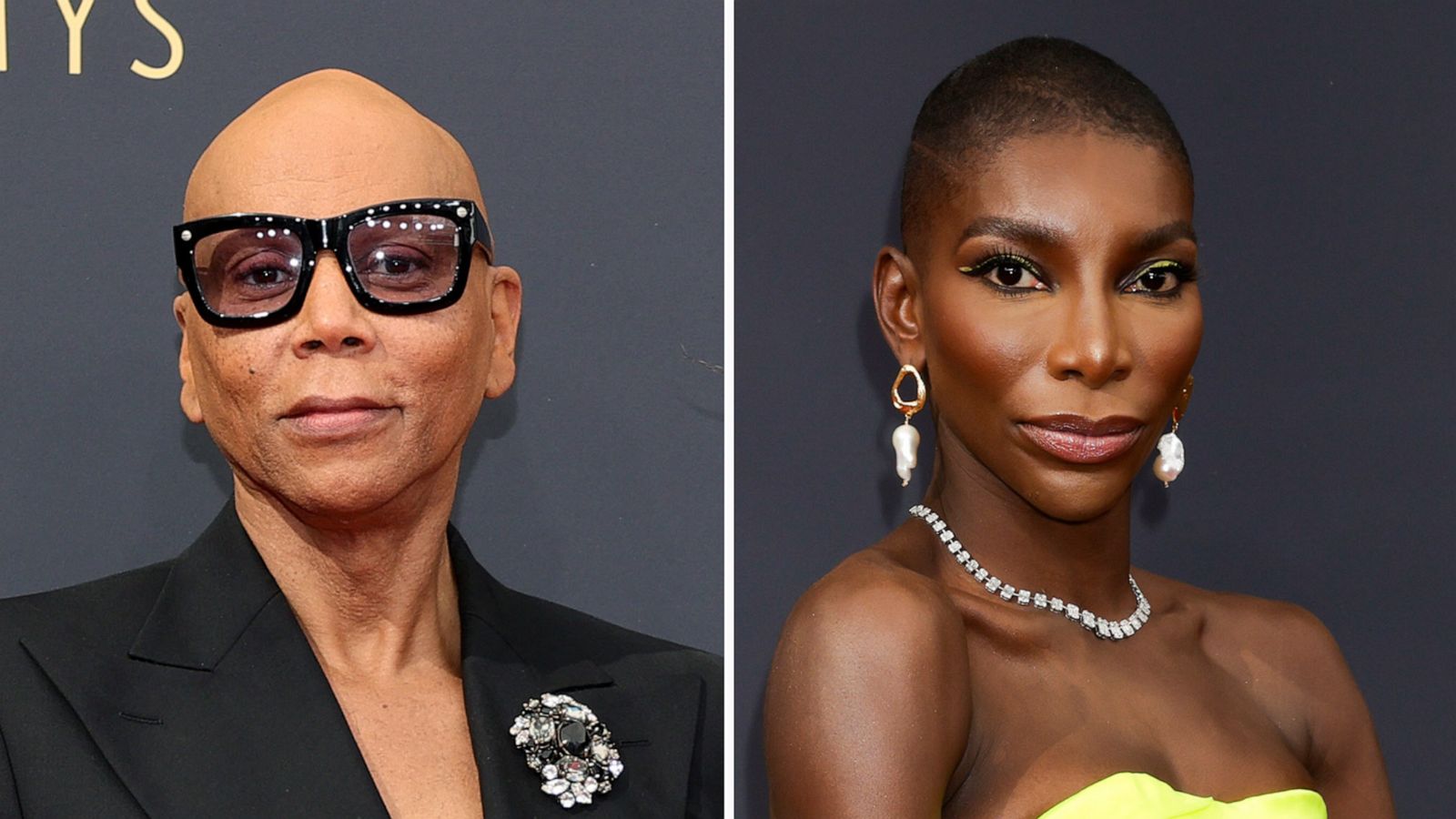 PHOTO: RuPaul attends the 73rd Primetime Emmy Awards on Sept. 19, 2021 in Los Angeles; (Photo by ); Michaela Coel from "I May Destroy You" attends the 73rd Primetime Emmy Awards on Sept. 19, 2021 in Los Angeles.