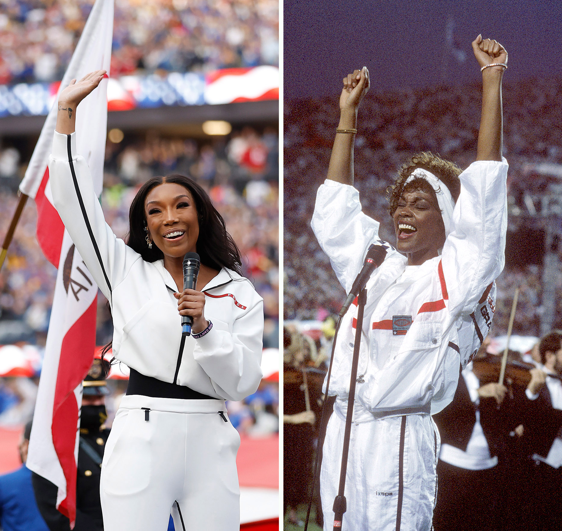 PHOTO: Brandy performs the national anthem before the NFC Championship Game on Jan. 30, 2022 in Inglewood, Calif.; Whitney Houston sings the National Anthem before a game prior to Super Bowl XXV at Tampa Stadium on Jan. 27, 1991 in Tampa, Fla. 