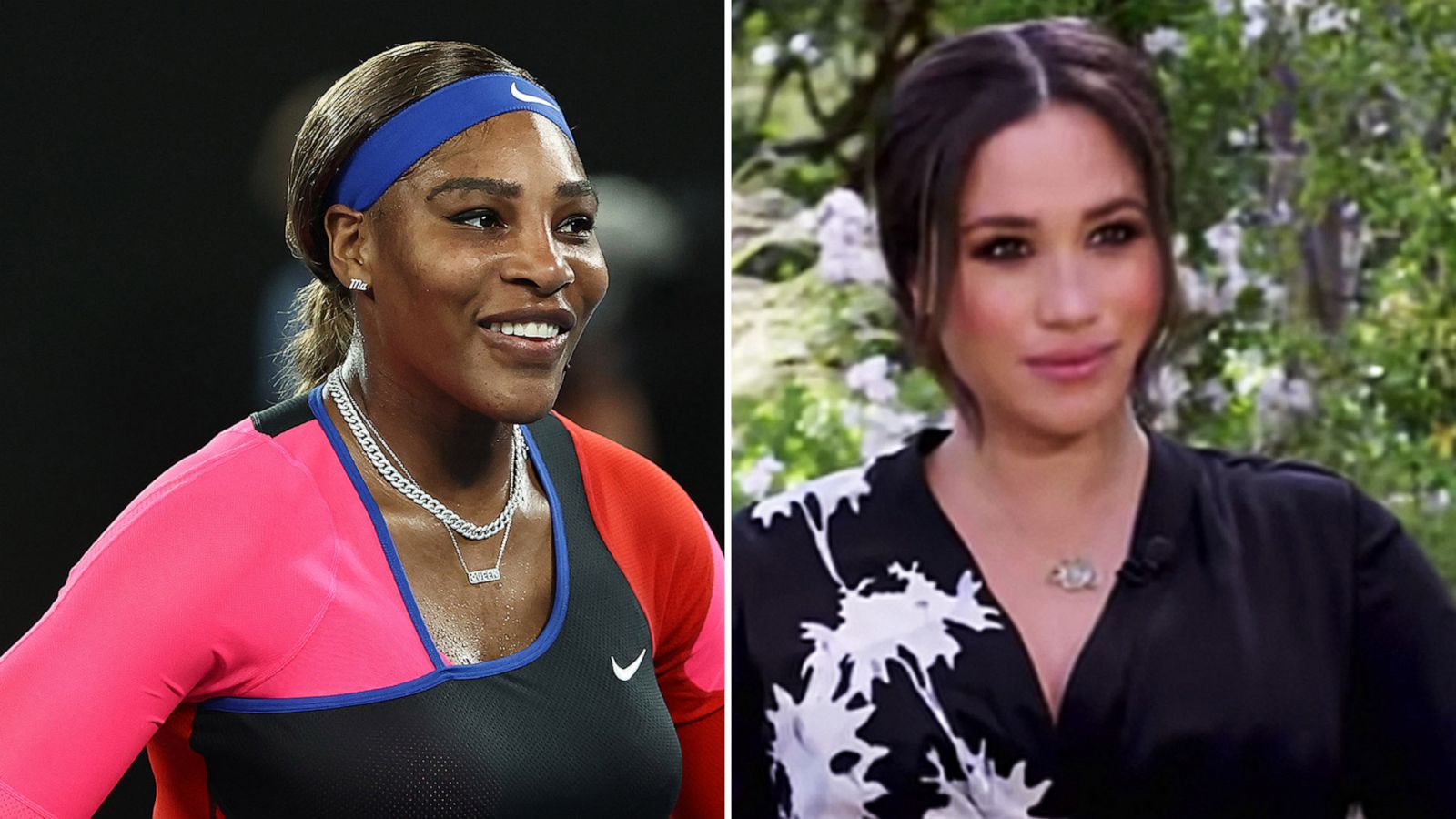 PHOTO: Serena Williams is interviewed after winning her a match during the 2021 Australian Open on Feb. 16, 2021 in Melbourne, Australia, left, and Meghan, Duchess of Sussex, during an interview with Oprah Winfrey, that aired March 7, 2021.