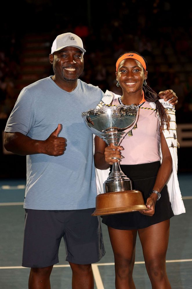 PHOTO: FILE - Coco Gauff of the USA poses with the trophy with her father Corey Gauff following her singles final win against Rebeka Masarova of Spain during day seven of the 2023 ASB Classic Women's at the ASB Tennis Arena, Jan. 08, 2023 in Auckland