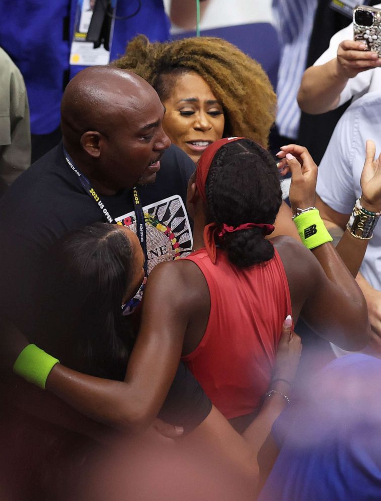 PHOTO: Coco Gauff with her parents after her three set victory against Aryna Sabalenka of Belarus in their Women's Singles Final match on Day Thirteen of the 2023 US Open at the USTA Billie Jean King National Tennis Center, Sept. 09, 2023