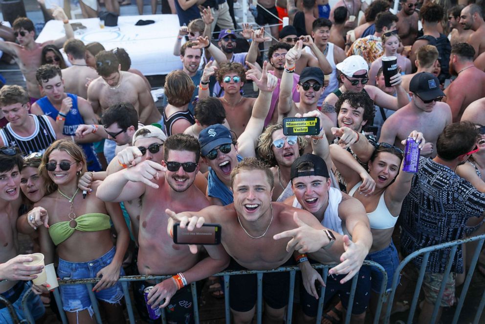 PHOTO: In this March 8, 2022, file photo, audience members are shown during the DJ Irie concert during Spring Break in Cancun, Mexico.