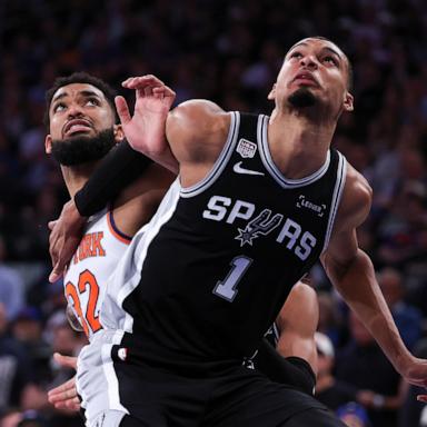 PHOTO: Victor Wembanyama #1 of the San Antonio Spurs and Karl-Anthony Towns #32 of the New York Knicks battle for position during the fourth quarter in Game Three of the 2026 NBA Finals at Madison Square Garden on June 08, 2026 in New York City.