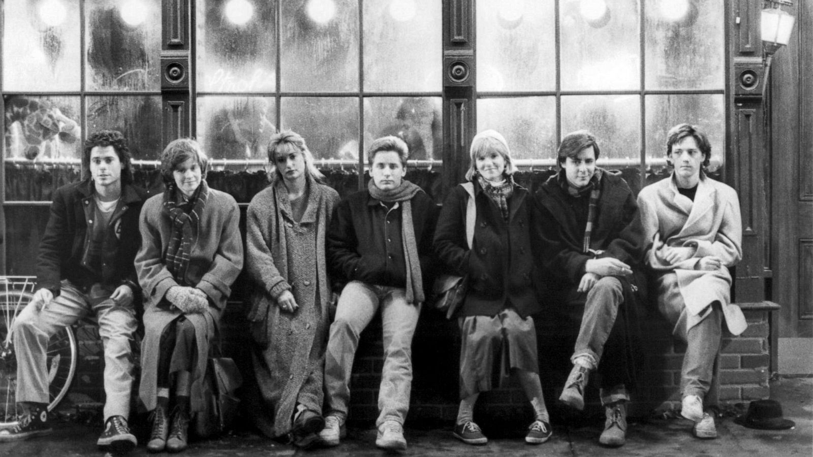 PHOTO: The cast of 'St. Elmo's Fire', directed by Joel Schumacher, 1985. Left to right: Rob Lowe, Ally Sheedy, Demi Moore, Emilio Estevez, Mare Winningham, Judd Nelson and Andrew McCarthy.