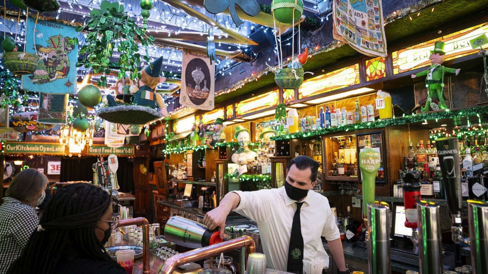 PHOTO: St. Patrick's Day celebration preparations are underway at Butch McGuire's in the Gold Coast in Chicago, March 11, 2021.