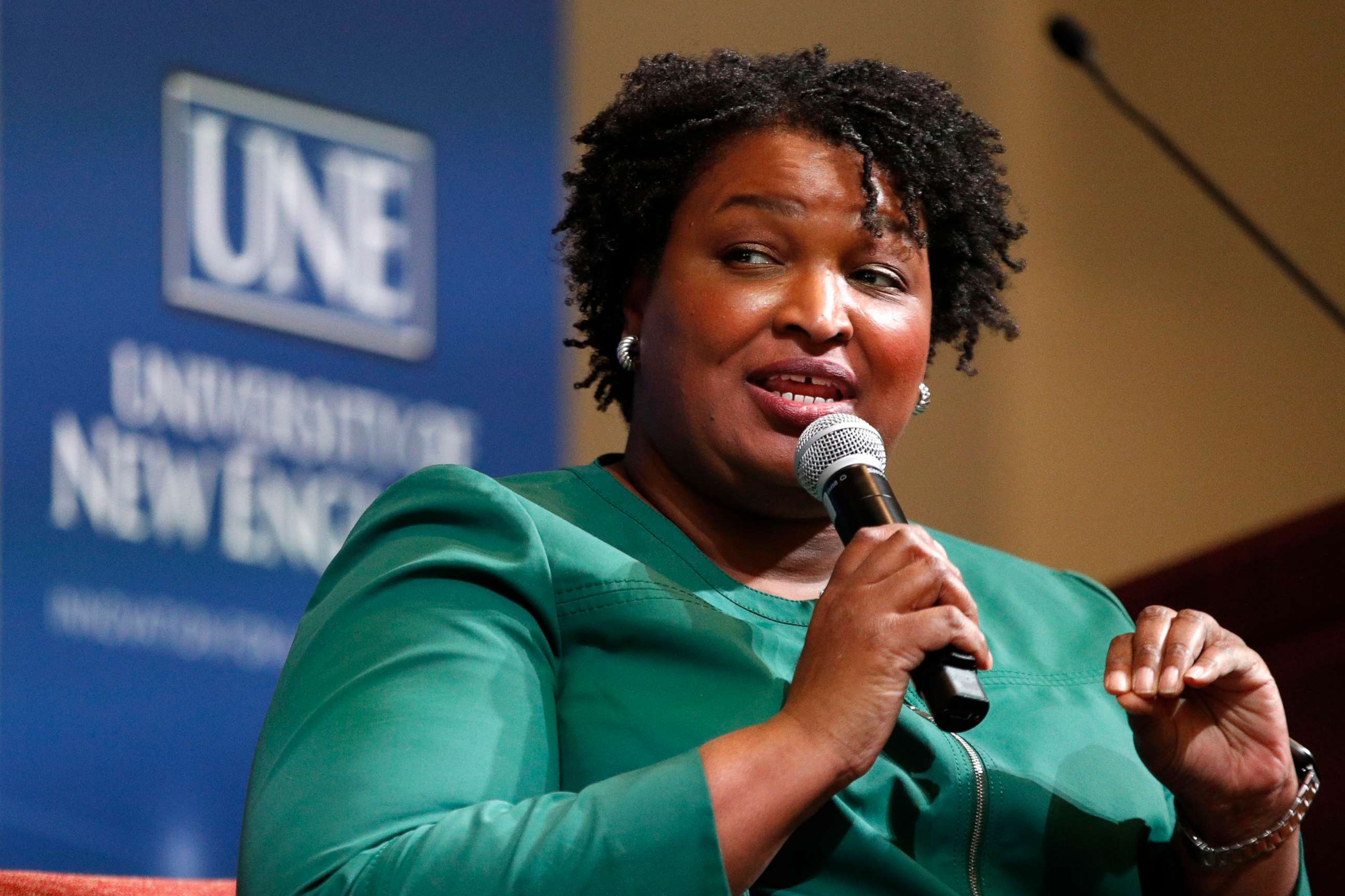 PHOTO: Stacey Abrams speaks at the University of New England, Jan. 22, 2020, in Portland, Maine.