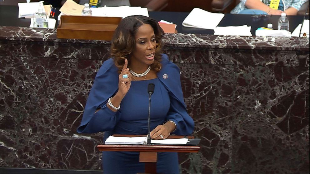 PHOTO: In this image from video, House impeachment manager Del. Stacey Plaskett, speaks during the second impeachment trial of former President Donald Trump in the Senate at the U.S. Capitol in Washington, D.C., Feb. 10, 2021.