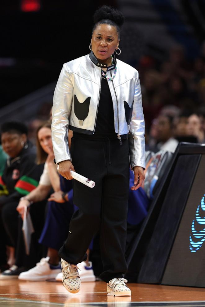 PHOTO: Head coach Dawn Staley of the South Carolina Gamecocks in the first half during the 2024 NCAA Women's Basketball Tournament National Championship game against the South Carolina Gamecocks at Rocket Mortgage FieldHouse on April 7, 2024 in Cleveland.