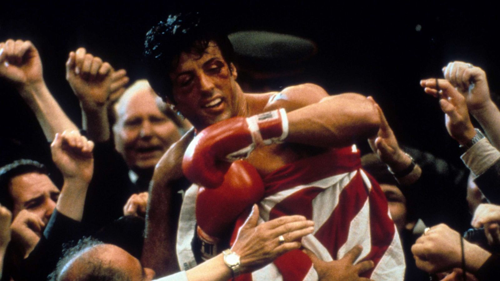 PHOTO: Sylvester Stallone after winning in a scene from the film 'Rocky IV', 1985.