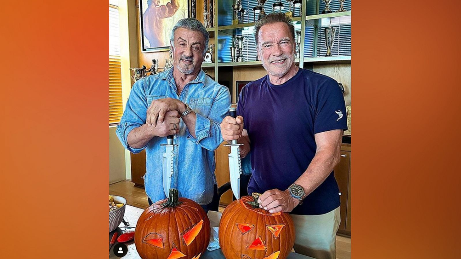 PHOTO: In this image posted to his Instagram account, Arnold Schwarzenegger poses with Sylvester Stallone as they carve pumpkins for Halloween.