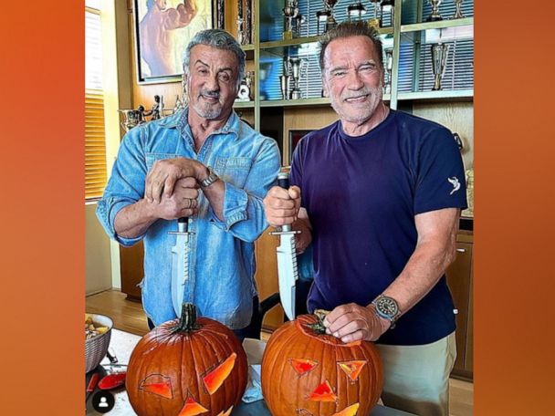 Stallone, Arnold Schwarzenegger carve pumpkins Halloween - Good America