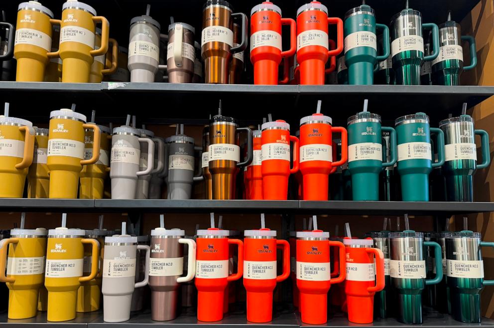 PHOTO: Stanley tumblers are displayed on a shelf at a Dick's Sporting Goods store, Feb. 2, 2024, in Daly City, Calif.