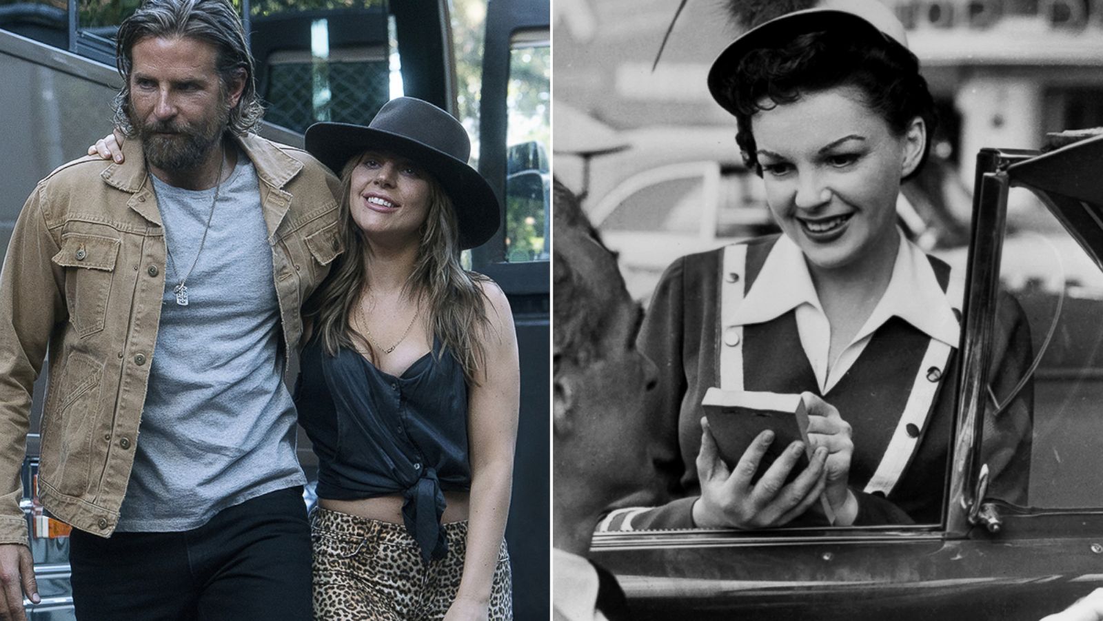 PHOTO: Bradley Cooper and Lady Gaga, left, in a scene from "A Star Is Born," and Judy Garland in a scene from "A Star Is Born."