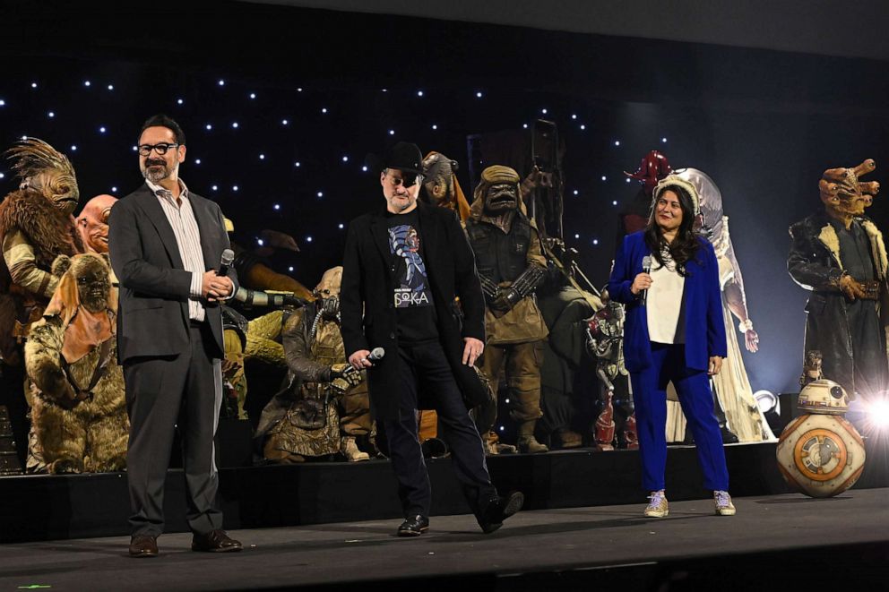 PHOTO: James Mangold, Dave Filoni, and Sharmeen Obaid-Chinoy onstage during the studio panel at Star Wars Celebration 2023 at ExCel on April 7, 2023, in London.