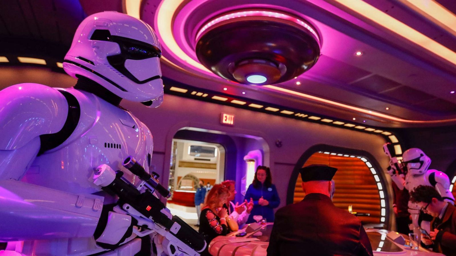 PHOTO: First Order Stormtroopers patrol through the Sublight Lounge as the first passengers experience the two-day Walt Disney World Star Wars Galactic Starcruiser, on March 1, 2022.