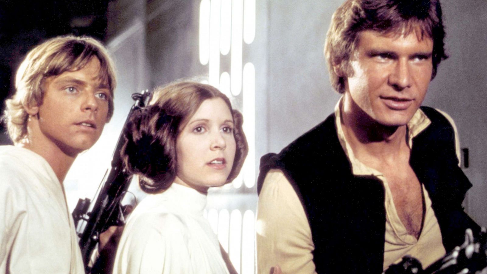 PHOTO: Mark Hamill, Carrie Fisher and Harrison Ford are shown on the set of Star Wars: Episode IV - A New Hope, written, directed and produced by Georges Lucas.