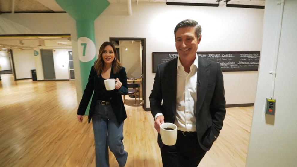 PHOTO: ABC's Rebecca Jarvis walks with Starbucks CEO Brian Niccol on "Good Morning America," Dec. 5, 2024.