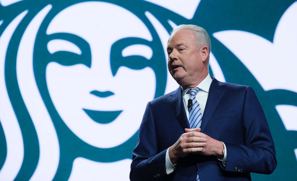 PHOTO: Starbucks CEO Kevin Johnson speaks during the company's annual shareholders meeting at WAMU Theater, March 20, 2019, in Seattle.